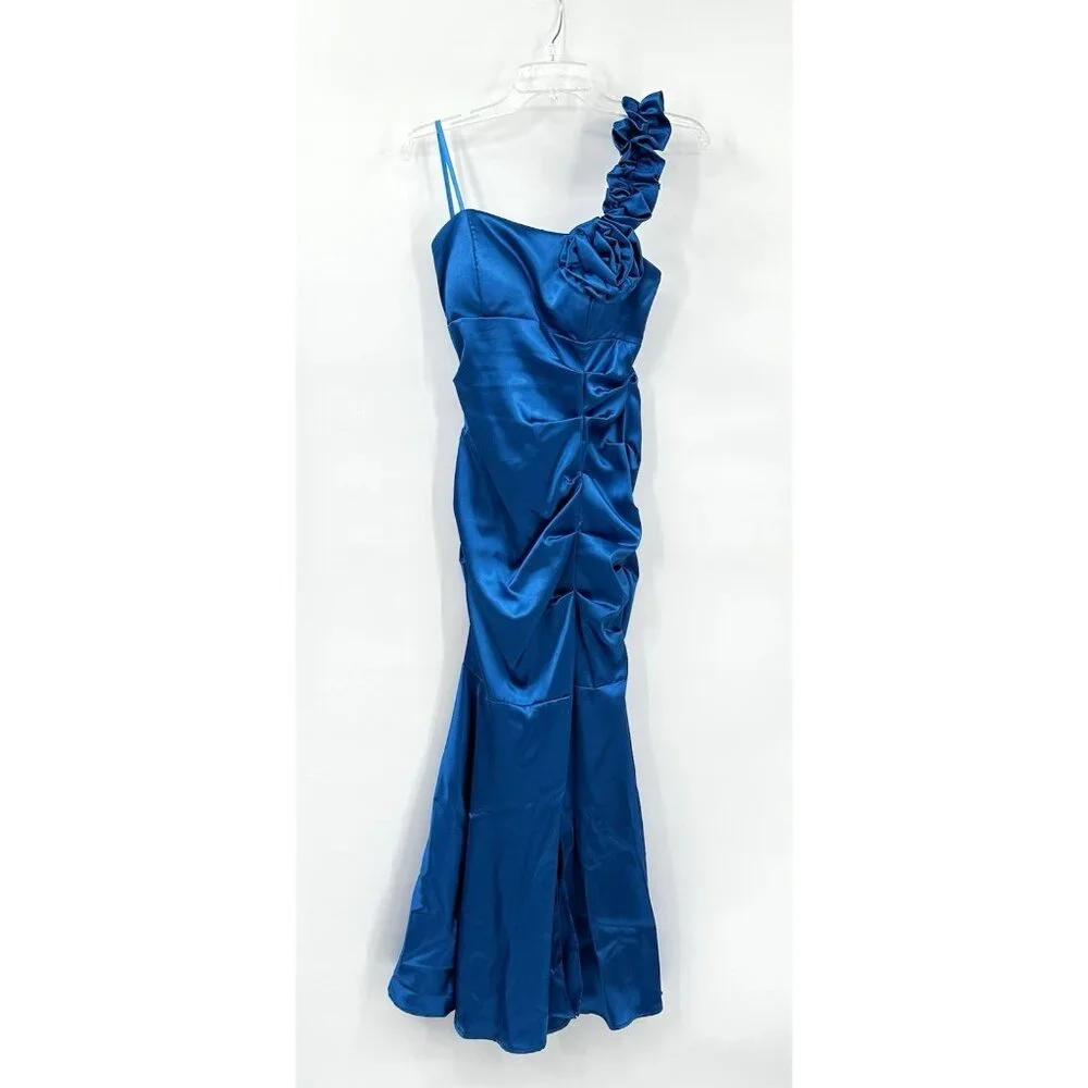 BLONDIE NITES maxi dress electric blue 7 vintage 2000s Y2K one shoulder prom - Picture 2 of 11